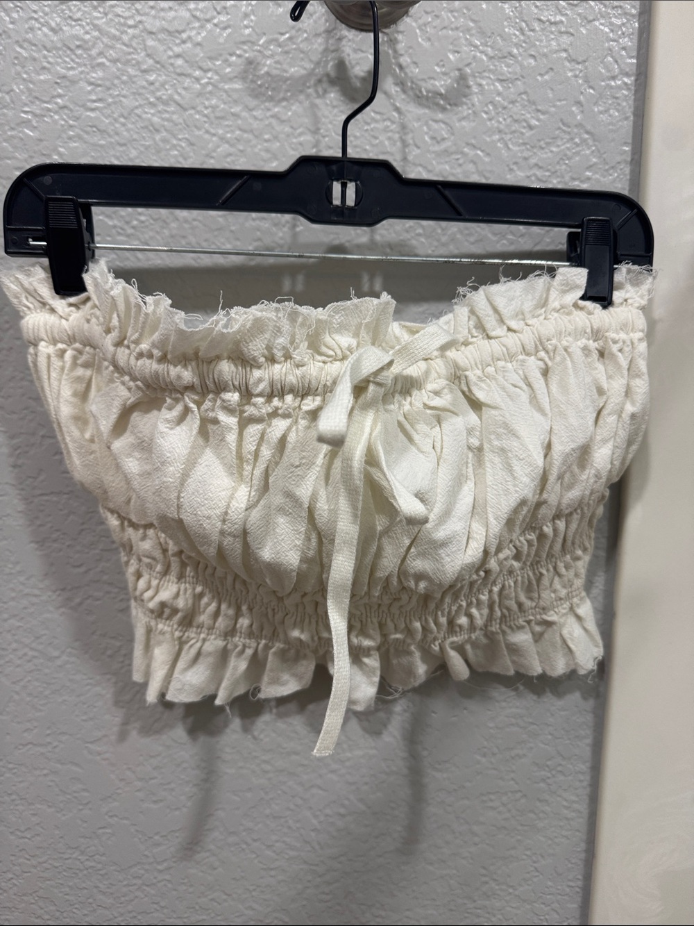 Free People Cream Smocked Strapless Top with Ruffle Trim and Front Tie